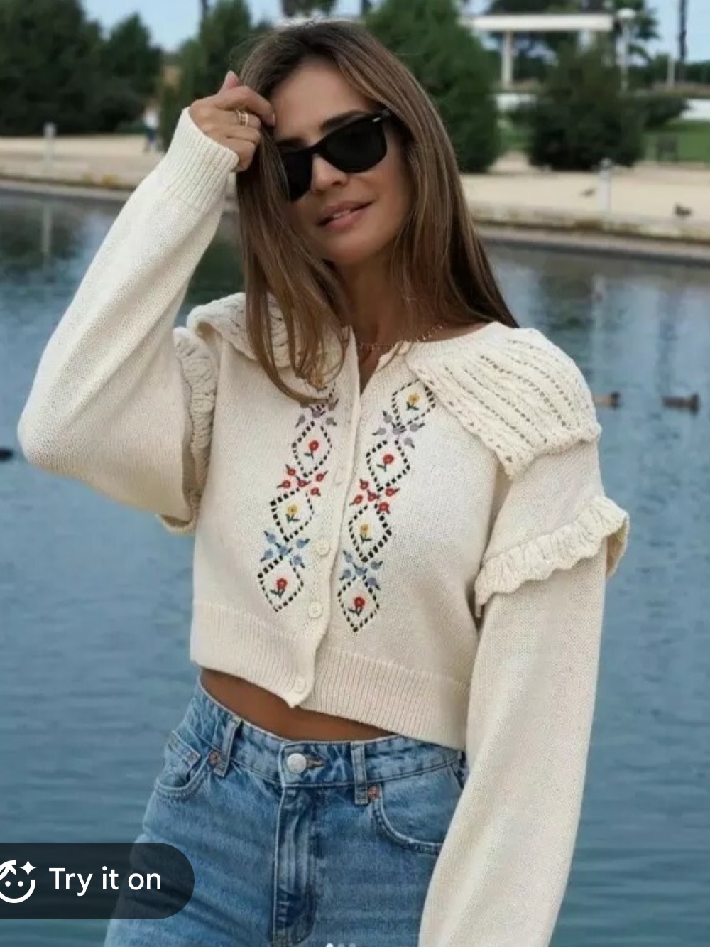 Zara Cream Cropped Floral-Embroidered Cardigan Sweater with Collar